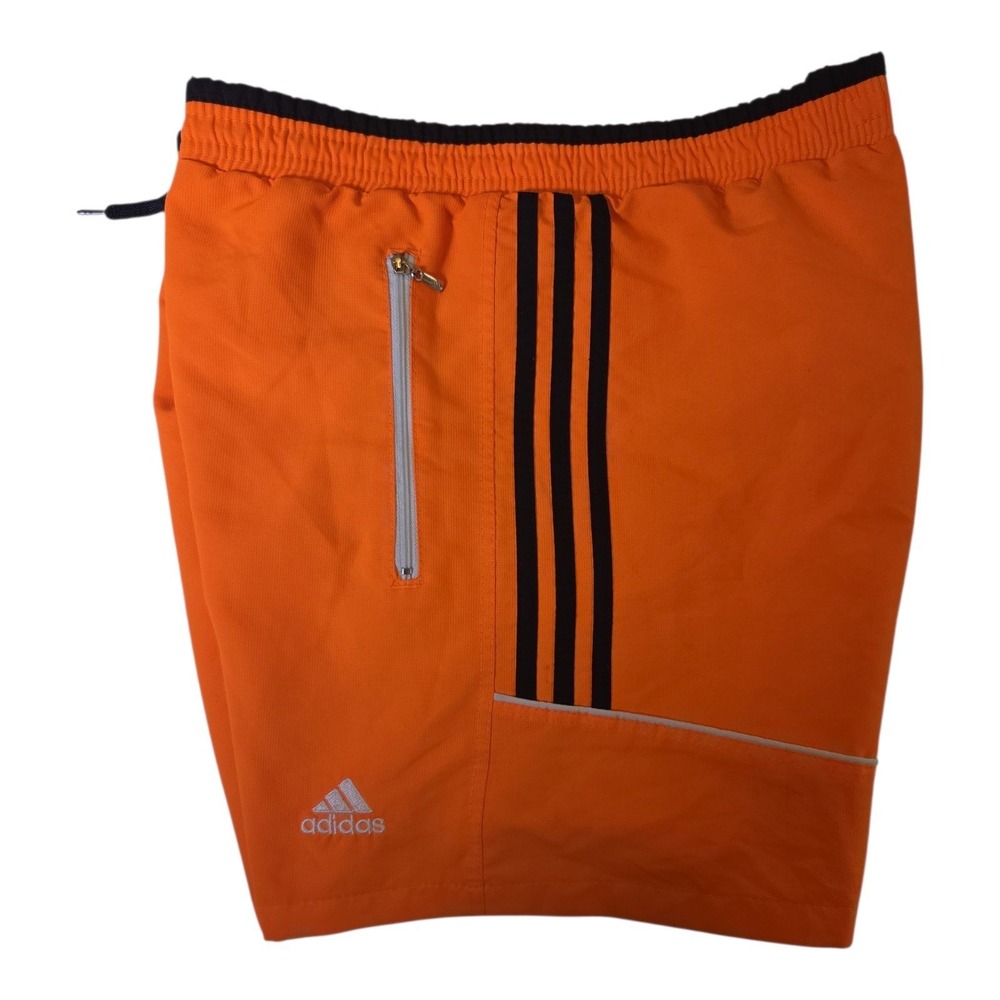 Adidas Mens Orange Athletic Shorts Black Stripes Zipper Pockets XL 5in Inseam